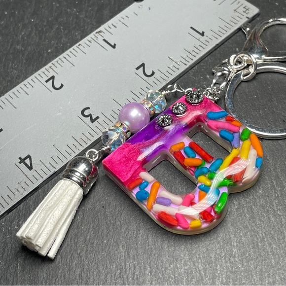 Custom Made Pink And Purple Letter “B” Keychain with Crystal Beaded Tassel - Picture 5 of 5